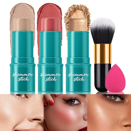 MKNZOME Colorete en Crema Contour Stick, 3PCS Bronzer Contouring en Barra, Iluminador, Blush Creamy, Contorno Maquillaje Con Brocha