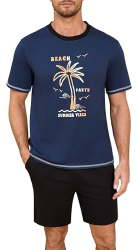 Terecey Pyjama Homme Court Été Ensemble de Pyjama 95% Coton Premium T-Shirt Col Rond Motif Plage & Short Vêtement de Détente Homewear Fluide & Respirant Bleu Marine L