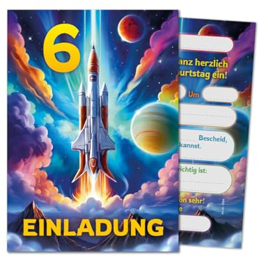 JuNa-Experten 12 Einladungskarten zum 6. Kindergeburtstag Jungen Jungs Mädchen Rakete coole bunte Einladungen sechste Geburtstag Kinder Jungsgeburtstag Space Kinderparty Geburtstagseinladungen