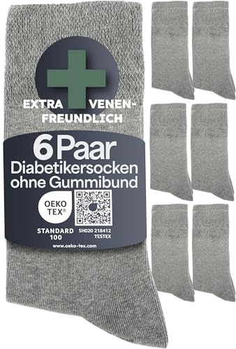 HELDENWERK Diabetikerstrumpor för män och kvinnor, 6 par, diabetikerstrumpor utan elastiskt midjeband och söm av 97 % bomull | extra breda hälsostrumpor med komfortlinning, Grå (10x), 47-50 EU