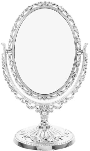 Alipis Vintage Schminktisch Spiegel Oval Doppelseitig Drehbar Kleiner Kosmetikspiegel Mit Stabilem Stand Für Schlafzimmer Badezimmer 7.87X4.92X3.66In Silber