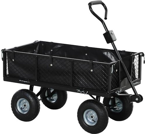 Outsunny Chariot de Jardin 300 Kg, Chariot de Transport avec bâche Amovible et poignée rotative à 180°, Chariot remorque avec parois rabattables et pneus gonflables 25 cm, Noir