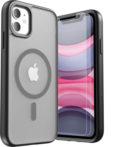 LUNOVATE Magnetic Shockproof for iPhone 11/XR Case, 14FT Military Protective Cover, Anti-Slip Texture Translucent Matte Phone Case with 2 Screen Protector for iPhone 11 / iPhone XR - Black Matte