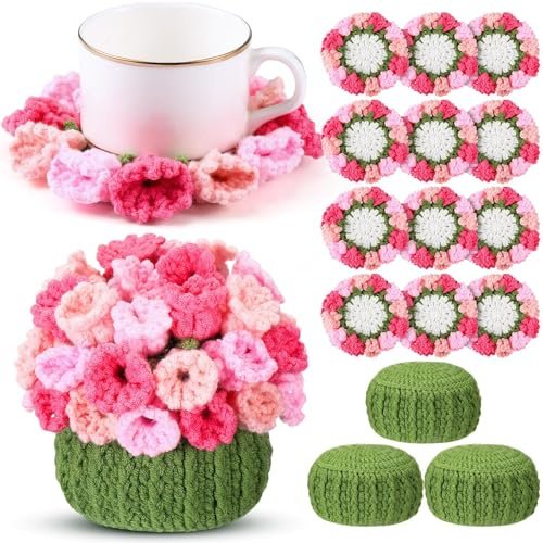 HunnmingRe 15 Pcs 3D Cute Crochet Flower Coasters Set, Spring Summer Floral Table Coasters with Plant Pot Holder, Soft Decorative Cup Mat, Housewarming Gift(Pink,Lily of the Valley​)