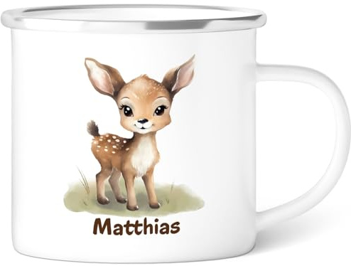 GRAVURZEILE Emaille Tasse für Kinder - Tiere Reh - Personalisiert mit Namen - versch. Tiermotive zur Auswahl - 300 ml - Trinkbecher für Kinder - Geschenk für Jungen & Mädchen