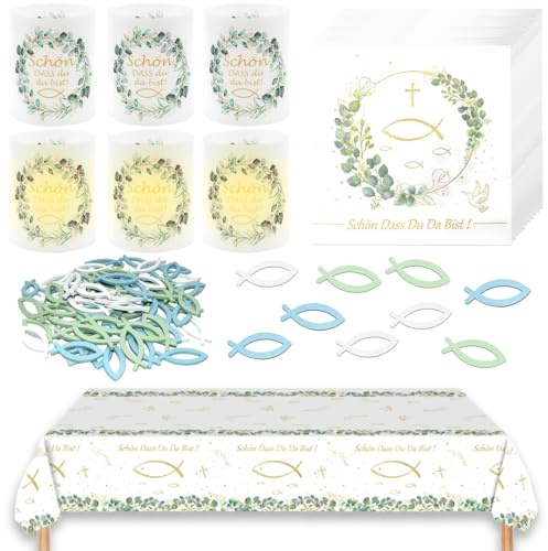 Erstkommunion Deko Set, 87 Stück Tischdeko Konfirmation Deko, 1 Tischdecke+20 Servietten Eukalyptus+60 Holzfische+6 Windlichter, Taufe Dekoration für Firmung Geschenke Junge Mädchen Kommunion Party