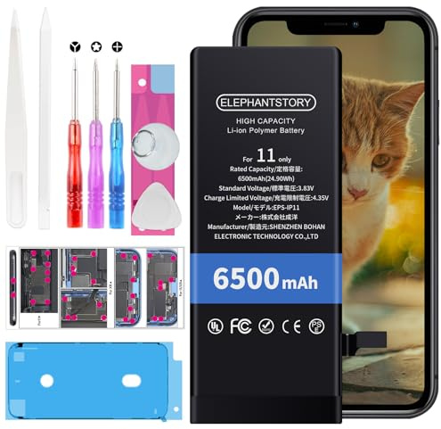 ElephantStory Batterie pour iPhone 11, 6500 mAh Remplacement Interne Haute Capacité Batterie pour A2111 A2221 A2223 avec Guide et Tous Les Outils de Réparation