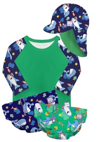Bambino Mio Conjunto de natación Completo Reutilizable para bebé y niño pequeño Unisex – Juego de natación de 4 Piezas con protección Solar UPF 40+, Ballena Azul, 1-2 años