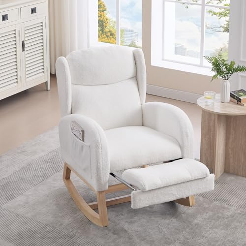 REXO Sedia a dondolo, sedia da allattamento, poltrona lounge, struttura in legno, poggiapiedi regolabile, schienale alto, tessuto Teddy, con tasca, comoda sedia da accento, camera da letto, soggiorno