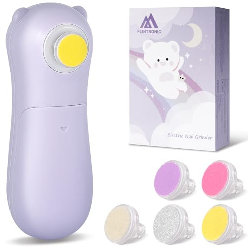 Flintronic Lima Electrica Uñas Bebe, con 5 Cabezales de Pulido de Repuesto, Bonito Cortauñas Eléctrico para Bebés, Morado