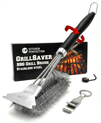 KITCHEN PERFECTION GrillSaver - Safe BBQ Grill Brush for Outdoor Grill with Replaceable Cleaning Head -Heavy-Duty Grill Cleaner with Scraper for All Grates +2 Bonuses -Best Grilling Gifts for Men