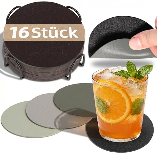 HELI MIAO 16 Stück Untersetzer Gläser,Doppelseitige Glasuntersetzer aus Kunstleder -Rund,rutschfest & hitzebeständig -Inkl.Aufbewahrungsständer(10cm,Schwarz+grau) -Für Tisch,Bar,Outdoor