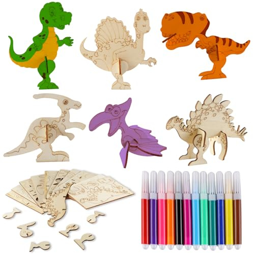 Dinosaurier Holz Bastelset, 12 Stück 3D Puzzle Drachen Geburtstag Bastelset | mit Farbstifte, Dinosaurier Bastelset, Dino Holz Basteln Kinder für Mädchen Jungen DIY Geburtstag Handwerk