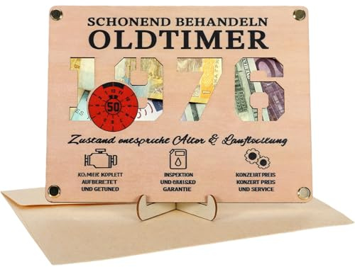 Geldgeschenk 50 Geburtstag, Geschenkverpackung Geburtstagsfest, Lustige Geburtstagskarte, Männer Geschenke Geburtstagsfest, Witzige Geldgeschenke Holz mit Umschlag, 1976 Oldtimer