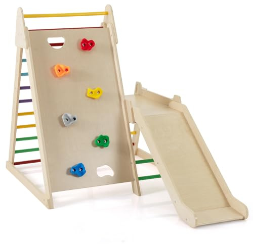 COSTWAY Indoor Climbing Frame for Toddlers, 3 in 1 Wooden Jungle Gym with Slide, Climbing Rock & Ladders, Indoor Montessori Climber for 3+ Years Old (Multi-color)