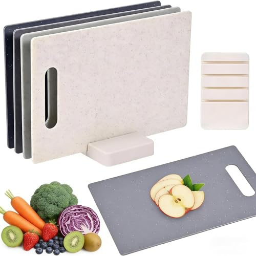 Ensemble de 4 planches à découper en plastique avec support, utilisables des deux côtés, 28 x 18 cm, planches pour cuisine et petit déjeuner