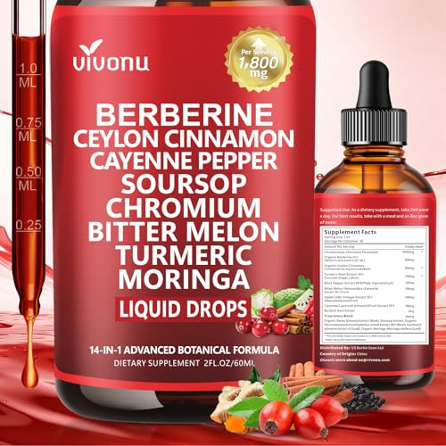 VivoNu Gouttes de berbérine - 1800 mg - 60 ml - Avec chrome et cannelle de Ceylan - 100 % naturel - Haute biodisponibilité - Végétalien et sans OGM