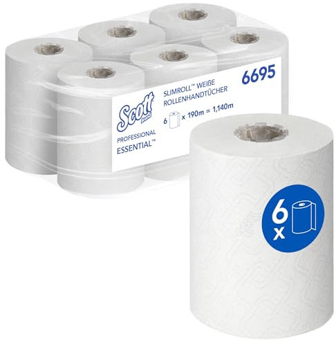Scott Essential Slimroll Toallas de Mano en Rollo 6695, 1 Capa, Secamanos Absorbentes, 6 Rollos x 190 metros de Papel (1.140 m total)
