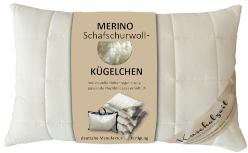 Meivita Merino Schafschurwolle Kopfkissen Kissen in 40x60 cm mit 375 Gramm Schurwoll Kügelchen zur individuellen Höhenverstellung und unterstepptem Baumwollbezug - Made in Germany