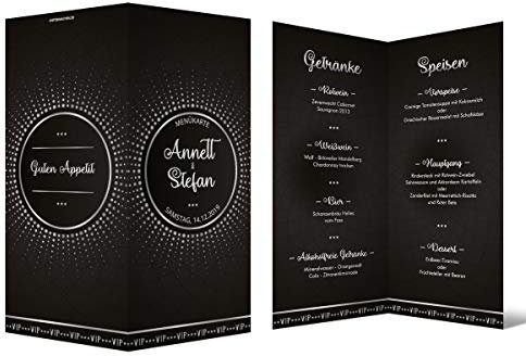 50 x Hochzeit Menükarten individuell Text DIN Lang Klappkarte - Schwarz/Silber VIP