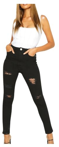 Divadames Womens RippedF6056-1 High Waist Jeans Ladies High Rise Black Denims Distressed Jeans UK Sizes 6-14 (6, Black)