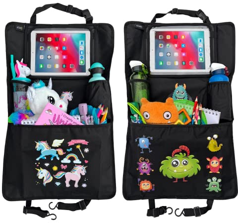 HECKBO 2x Kinder Autositz Rückenlehnenschutz Organizer mit verstellbarer Tablet Tasche, Aufbewahrung für Zubehör –Einhorn+Monster Motiv- universal - 70x45cm – inkl. Getränkehalter + Aufbewahrungsnetz