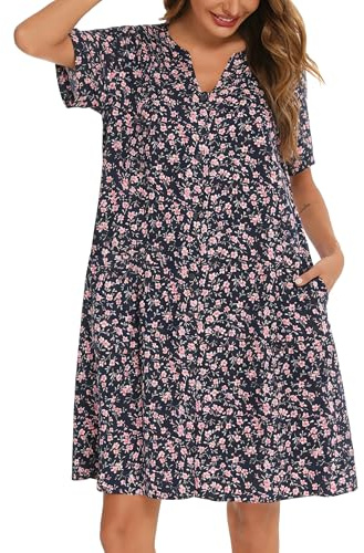 YOZLY - Bata de estar por casa de algodón para mujer, manga corta, abotonada, camisón o vestido tipo camisola, Flor, XXL