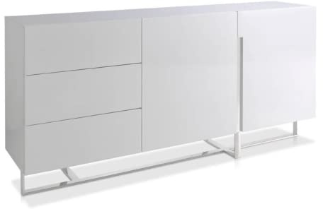 ANGEL CERDÁ | Sideboard aus Holz, weiß glänzend lackiert mit drei Schubladen und zwei Türen, Verzögerungssystem, Beine aus verchromtem Stahl, moderner Stil