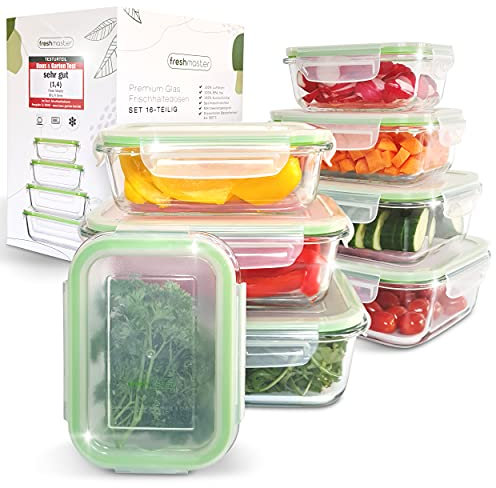 Fresh Master Frischhaltedose Glas Set - Testurteil: SEHR GUT - 100% auslaufsichere + luftdichte Vorratsdosen mit Deckel I Vorratsdosen Glas Meal Prep Boxen Glas Aufbewahrungsbox (16 teilig)