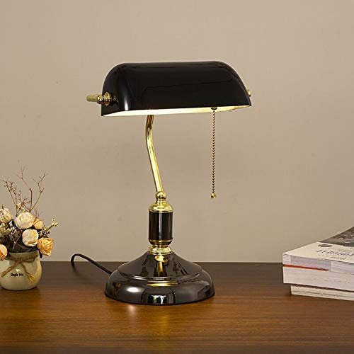 HKLY Lampe De Table Lampe De Banquier Métal Verre Noir Lampe De Bureau Rétro Traditionnel Lampe De Lecture Avec Interrupteur À Tirette, E27 Lampe Nuit Pour Chevet Chambre Salon Hotêl
