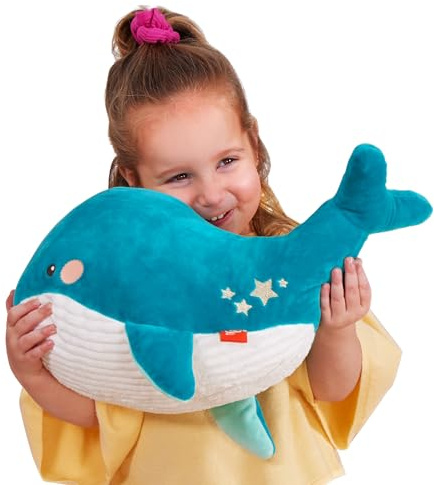 B. toys Huggable Squishies Willow Whale, Plüschwal, maschinenwaschbar | Blauer Plüschwal aus der B. softies Serie mit gestickten goldenen Sternen, für Kuschelzeit zu Hause oder unterwegs, ab Geburt