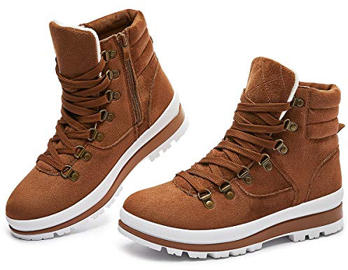 FRACORA Womens Combat Boots Lace Up Ankle Boots Winter Snow Boot Side Zipper Fashion Booties(Brown,US11)