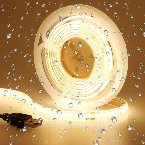 GOMING DC 5V USB COB Striscia LED Bianco Caldo 3000K IP65 Impermeabile Alimentato da USB 2M 320LED/M CRI 93+ Flessibile Nastro LED Autoadesivo Luci per DIY Decorazione