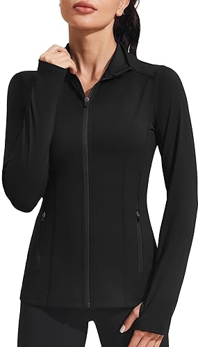 PINSPARK Workout Jackets for Women Athletic Running Gym Yoga Jacket Lightweight Full Zip Slim Fit Sports Tops Thumb Holes Pockets, Black, X-Large