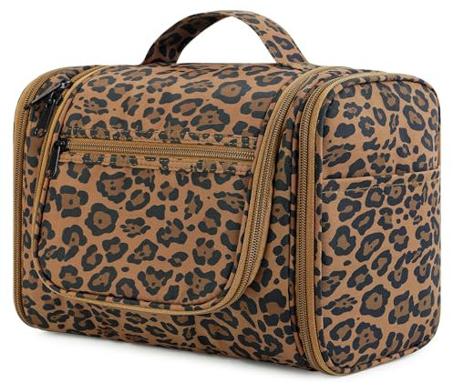 WANDF Groß Waschtasche, Kulturtasche zum Aufhängen für Damen, Kulturbeutel Herren Gross, Waschbeutel für Camping Reisen für Kinder Frauen Mann (Brauner Leopard)