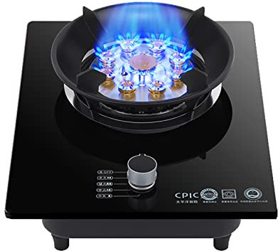 IBOWZ Encimera de Gas Placa de Gas de 33 cm Placa de Gas incorporada, 7.0KW Quemador Wok de Anillo de Potencia de Fuego de Nueve cavidades, Cocina de Mesa de Vidrio Templado Negro, Placa de Cocina