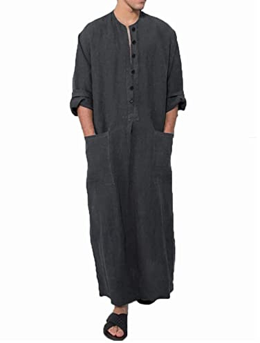 Vestido de los Hombres musulmanes Camisa de Estilo Étnico Árabe Vestido de Oriente Medio Largo Camisón de Algodón Pijama Casual Suelto, Negro , L