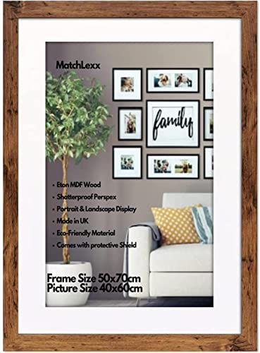 MatchLexx® Modern Large Rustic Wooden Picture Frames | 50x70cm with White Mount 40 x 60 cm Shatter-Proof Styrene | Jigsaw Puzzle Poster Frame Wall Décor Gift Frames (rustic)