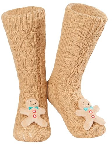 CityComfort Calze a Pantofola da Donna, Calzini Antiscivolo Donna in Caldo Pile, Calzettoni Invernali da Casa, Calze Natalizie Animali Divertenti Taglia Unica (Gingerbread)