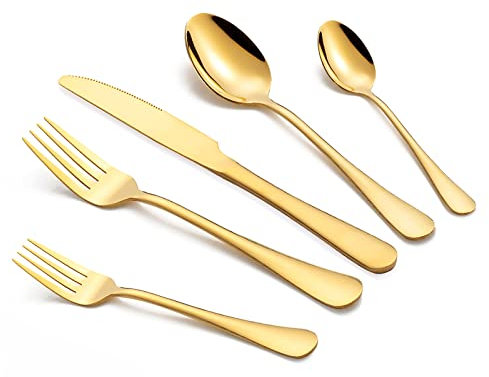 TANTOMI Besteck Set,30-teilig Besteck für 6 Personen,Besteckset inkl.Messer,Gabel,Löffel,Besteck Edelstahl,Spülmaschinengeeignet (Matt Gold).