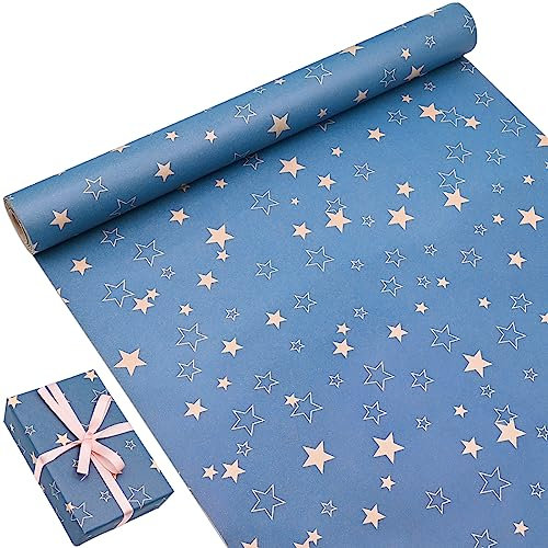 Geschenkpapierrolle, 43 cm x 15 m, blaues Geschenkpapier, Recycling-Stern-Design, perfekt für die Geschenkverpackung zum Muttertag, Hochzeit, Geburtstag