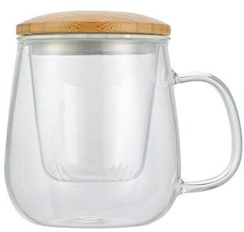 420ML Glass Tea Cup with Infuser and Lid, Clear Teacup for Loose Leaf Tea, Tea Bag (Wooden Lid)