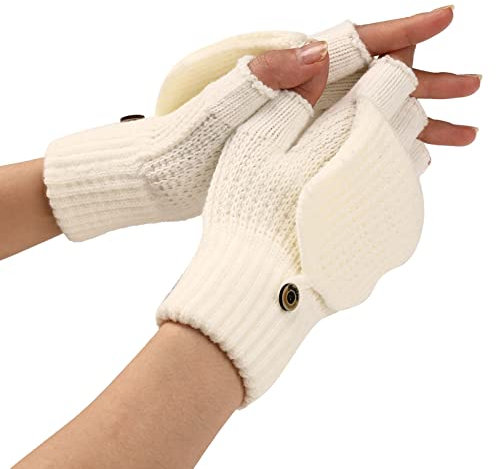 CCOOfhhc Damen Fingerlos Handschuhe mit Kappe Strick Halbfinger Fäustlinge Warm Winterhandschuhe Sport Warm und Winddicht Fingerhandschuhe für Skifahren Radfahren