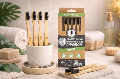 Cepillo de dientes de bambú natural de carbón – Pack familiar de 4 cepillos de dientes medianos para niños y adultos – cuidado dental, lavado de dientes profundos, pelo de aceite de ricino, fácil de