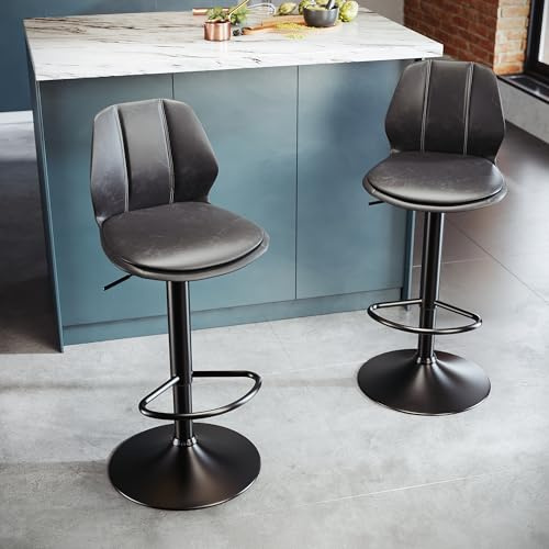 SONNI Barhocker 2er Set, Barstühle, Höhenverstellbar, 360° Drehstuhl, Küchenstühle mit Rückenlehne und Fußstütze, robuster Metallrahmen, gemütliche PU weiche Sitzfläche, Sitzhöhe 88-108 cm, Schwarz