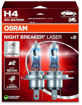 OSRAM NIGHT BREAKER LASER H4, +150% mehr Helligkeit, Halogen-Scheinwerferlampe, 64193NL-2HB, 12V PKW, Hängebox (2 Lampen), white