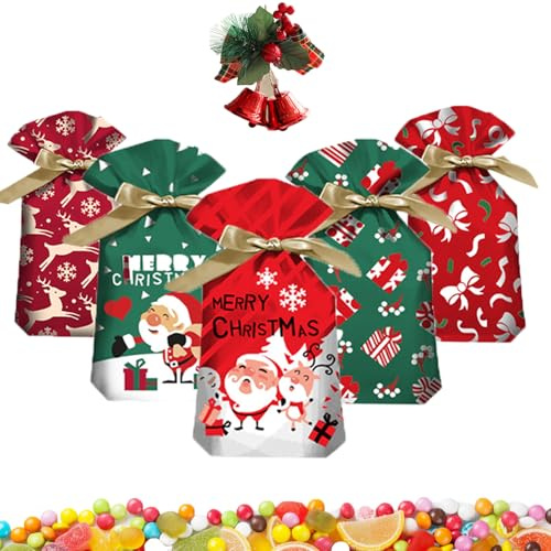 50 Stück GeschenktüTen Weihnachten Candy Tüten Weihnachten Geschenkbeutel Geschenkverpackung Weihnachten Kekstüten Weihnachten Plastik Kleine Weihnachtstüten (15x23 cm)
