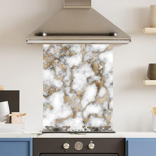 Toughened 6mm Glass Kitchen Splashback 60 x 75cm White Gold Marble - Polished Heat Resistant Back Splash for Cookers Hob
