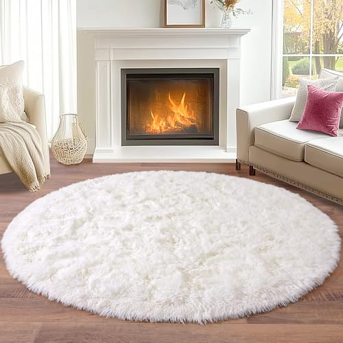 BSGIFT Tapis Rond 120 cm, Tapis Poil Long Moelleux pour Chambre & Salon, Doux et Confortable | Idéal pour Canapé, Chevet, Enfants, Décoration Moderne Antidérapante - Crème
