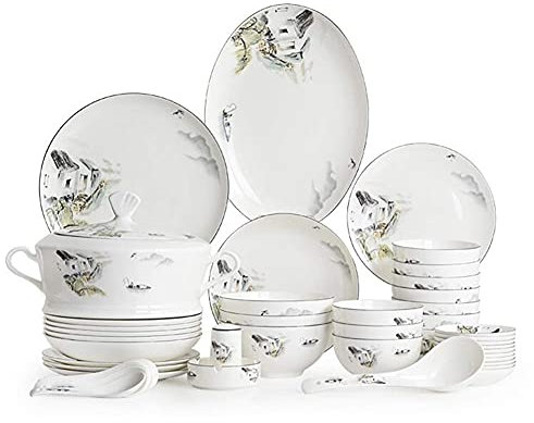 KHYTEBV Stoviglie in Ceramica, Set di stoviglie di Lusso da 60 Pezzi, Set da tavola con Paesaggio in Stile Cinese, Combinazione Completa di Porcellana, Piatti/Ciotole/cucchiai/